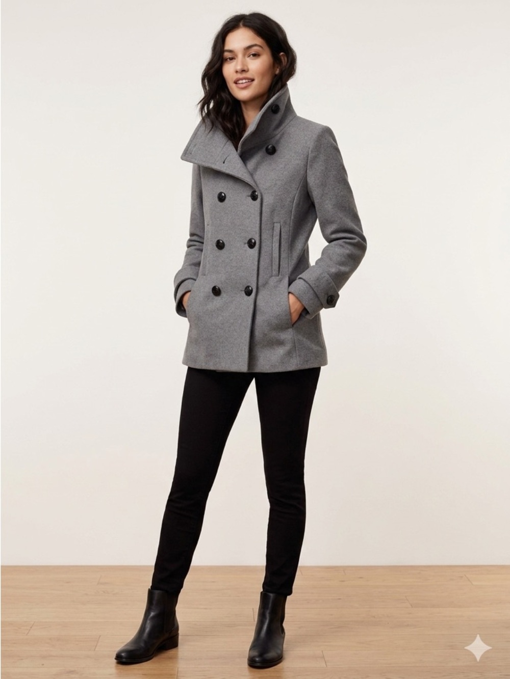 Babaton Gray Double-Breasted Wool and Cashmere Blend Peacoat